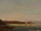 an image of a painting of a lighthouse on a rocky shore