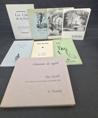 six books of french literature, including a poem and a picture of a man