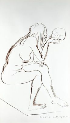 drawing of a woman sitting on a stool with a skull in her hand
