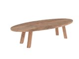 une table ovale en bois à trois pieds, avec un plateau en bois