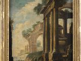 an oil painting of a landscape with ruins and trees