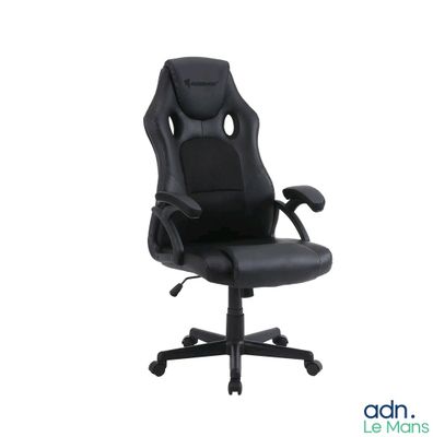 the office chair is black and has no wheels on it