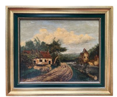 an oil painting of a country road with a house and trees