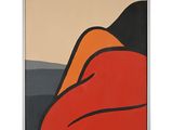 une peinture représentant une œuvre abstraite rouge et noire avec des montagnes en arrière-plan