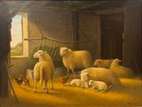 painting of sheep and chickens in a barn with chickens and chickens