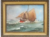 an oil painting of a sailboat in rough water with other boats in the background