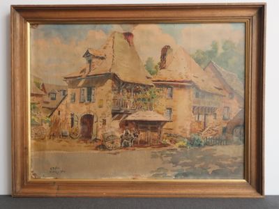 an old painting of a house with a bicycle parked in front of it