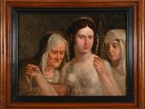 une image représentant un tableau de trois femmes, dans un cadre en bois