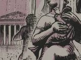 a drawing of a man carrying a baby in his arms