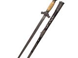 a pair of swords with a wooden handle on a white background
