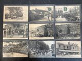 several old black and white photos of people and horses in a town