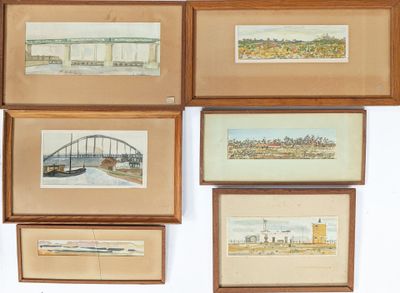six framed pictures of a bridge over a body of water