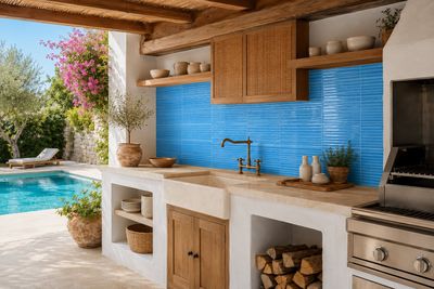 une grande cuisine en plein air avec une piscine en arrière-plan