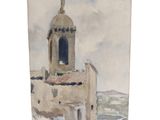 a painting of a building with a steeple on it