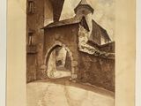 an old drawing of a building with a clock tower on top of it