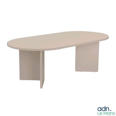 une table de réunion blanche avec un plateau incurvé et un piètement incurvé