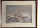 framed picture of a painting of a town with a church in the background