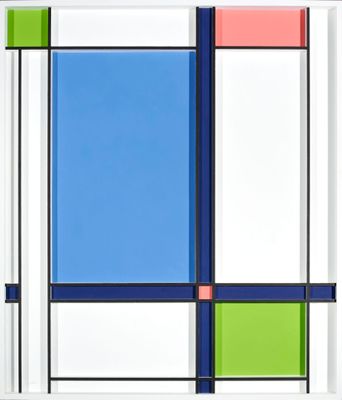 une peinture abstraite représentant une fenêtre à panneaux bleus, verts, rouges et blancs