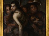 an image of a painting of a man being carried by a group of people