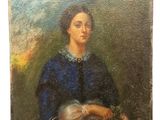 un vieux tableau représentant une femme tenant un bouquet de fleurs