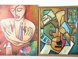 tableau représentant un homme avec une guitare et une femme tenant une pancarte