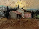an oil painting of a farm scene with a barn in the foreground