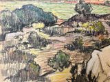 drawing of a view of a field with trees and hills in the distance
