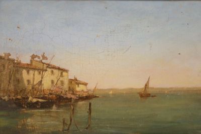 tableau représentant un bateau sur un plan d'eau, avec des bâtiments en arrière-plan