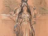 an image of a drawing of a woman holding a fan