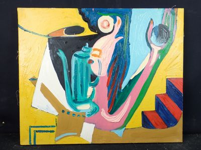 peinture abstraite représentant une femme avec une cruche et une tasse