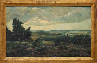 une peinture à l'huile représentant un paysage avec des arbres et des collines au loin