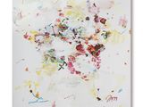 une peinture abstraite représentant un vase de fleurs sur fond blanc