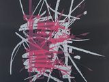 painting of a red and white abstract piece of art on a black background