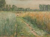 an oil painting of a field with a person walking on a path