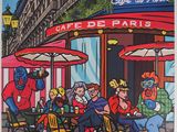 painting of a group of people sitting at tables outside of a cafe