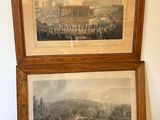 two framed pictures of a view of a city and a picture of a town
