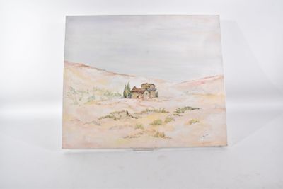 a picture of a painting of a house in the middle of the desert