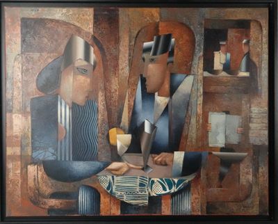une peinture représentant un homme et une femme assis à une table