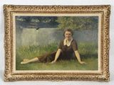 painting of a woman in a brown dress sitting on the grass