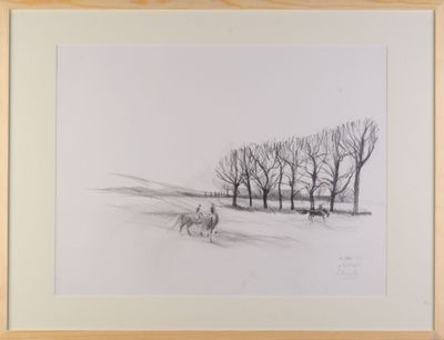 drawing of sheep in a snowy field with trees in the background