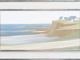 painting of a view of a beach with a cliff in the background