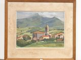 a picture of a painting of a church on a hill