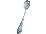 une cuillère en argent avec un manche rouge sur fond blanc