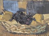 a painting of a bowl of grapes and cheese on a table
