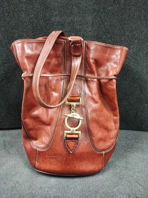 TEXIER Sac sceau Cuir brun garniture Métal doré porté épaule…