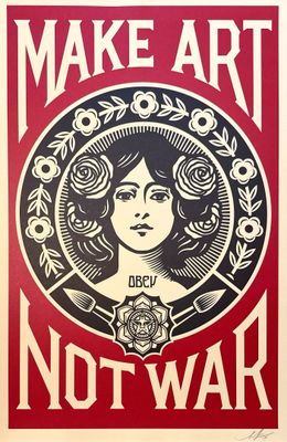 poster of a woman holding a rose in front of a red background with the words make art not war