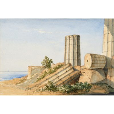 une image représentant un tableau représentant une vue sur une plage avec un phare au loin
