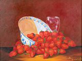 painting of a bowl of strawberries and a glass of wine on a table