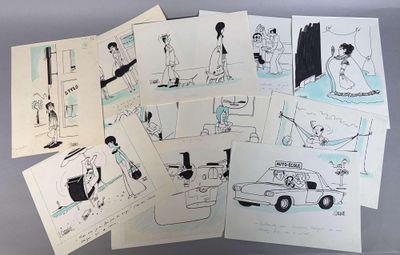 plusieurs dessins représentant des personnes dans une salle de bains, avec une voiture en arrière-plan