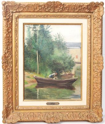 une image représentant un tableau d'un homme dans un bateau sur un lac